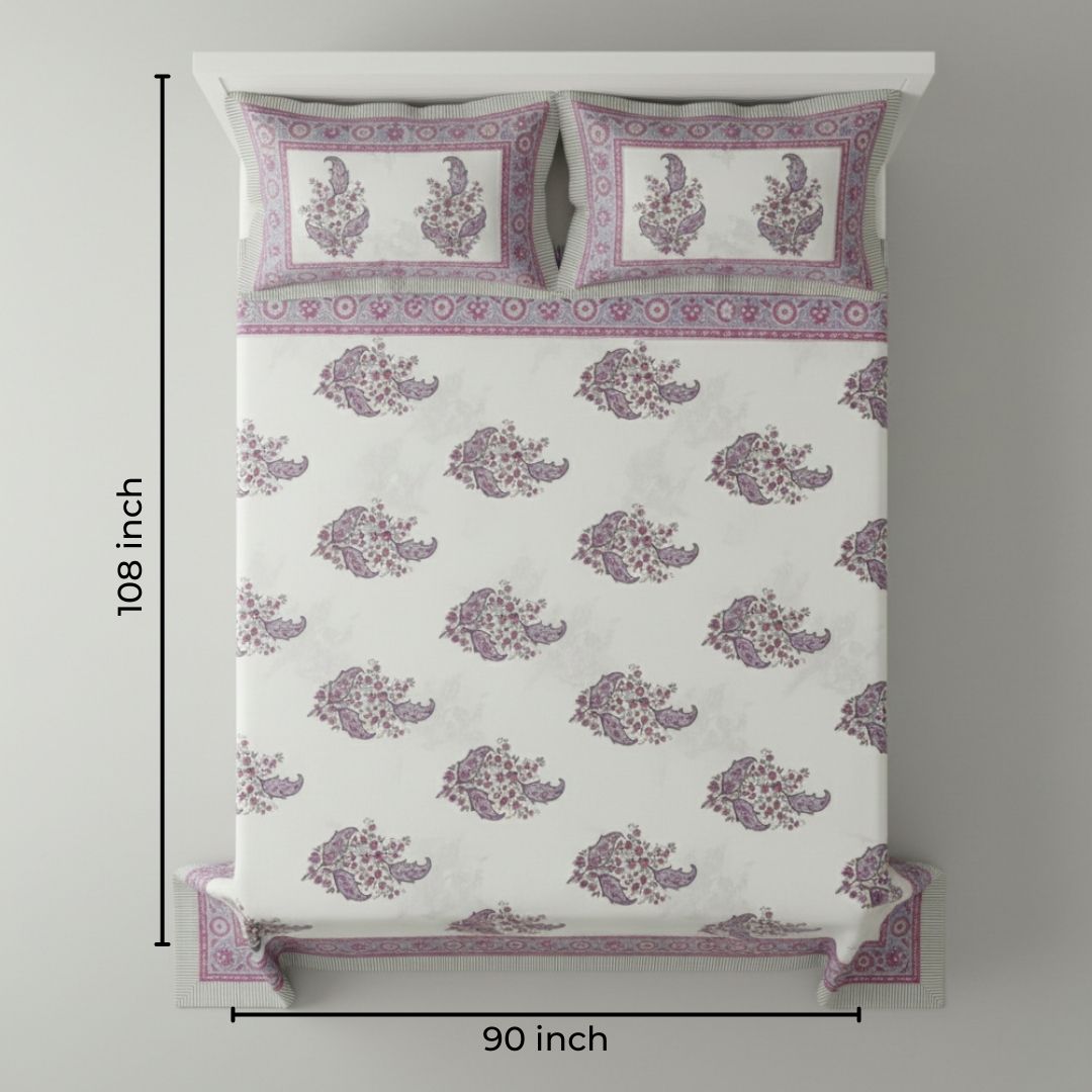 Single-Sided Block Printed Double Bedsheet in Grey Floral Motif