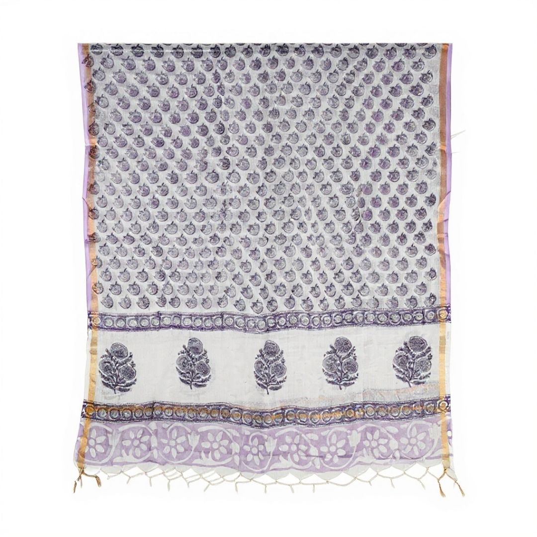 Hand Block Printed Kota Doriya Dupatta in Soft Grey Blue Motif 