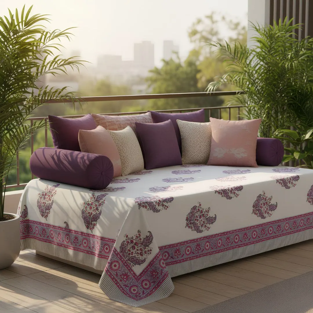 Single-Sided Block Printed Double Bedsheet in Maroon & Dusty Pink Floral Print Motif