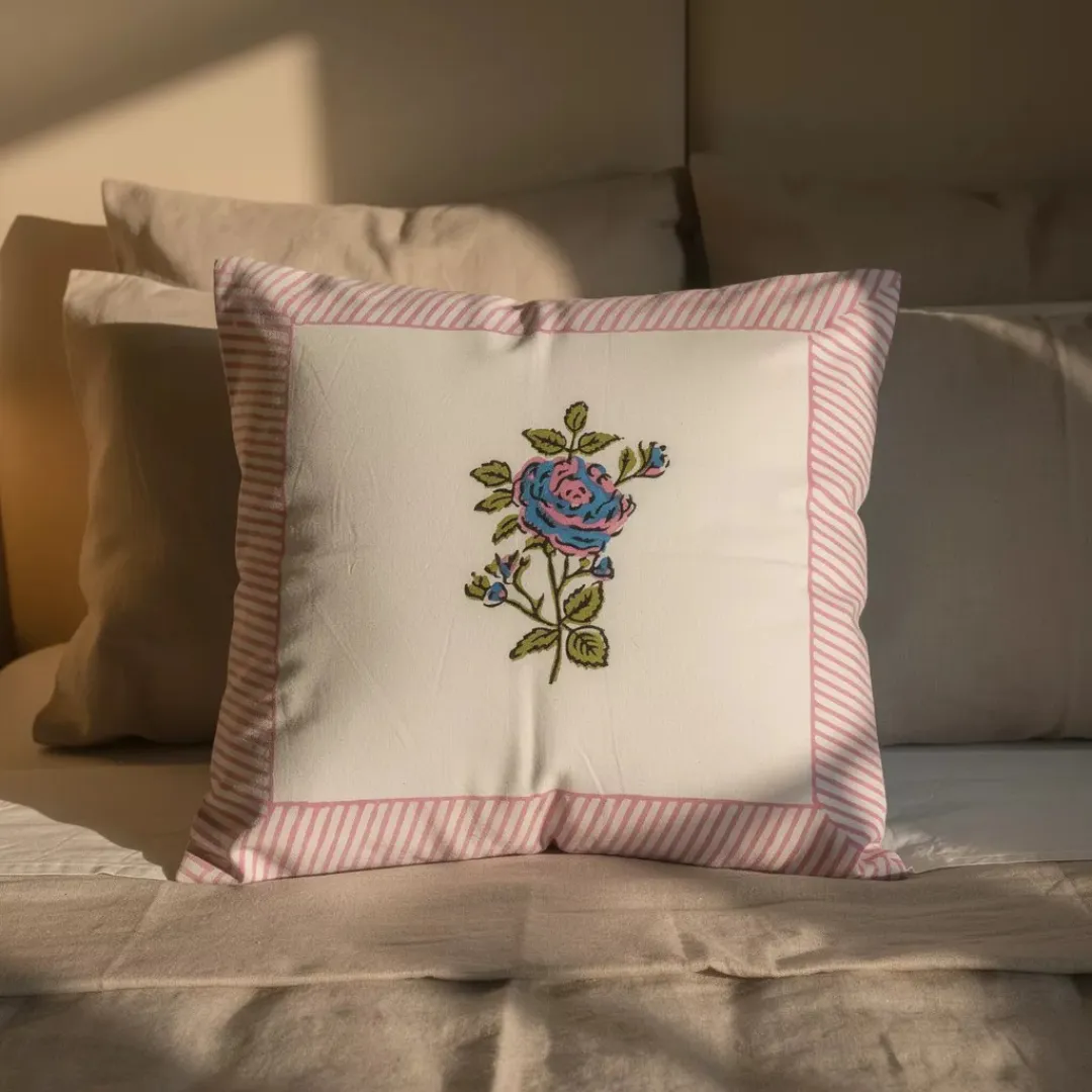 South Cotton Block Printed Cushion Covers with Central Floral Motif (Set of 2)
