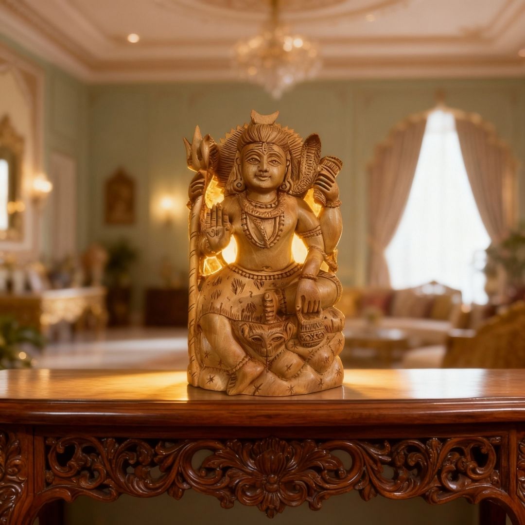 Mini Sandalwood Lord Shiva Idol with Om Hand and Trishul Carving