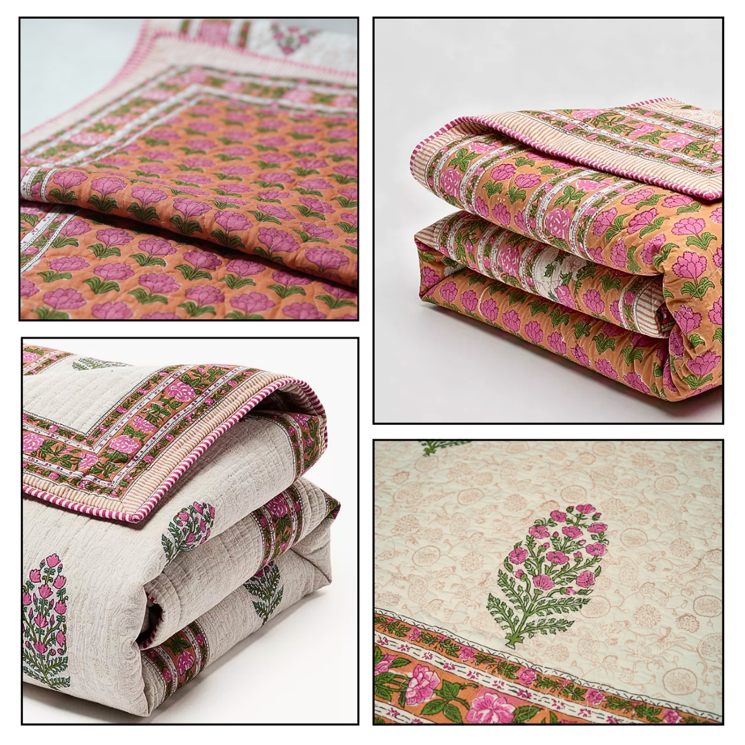 Single Double-Sided Block Printed Cotton Comforter in Pink Green Floral Pattern