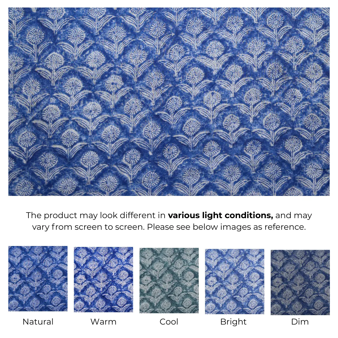 Single-Sided Hand Block Printed Mal Cotton Fabric – Blue Lattice Floral | Sold Per Meter