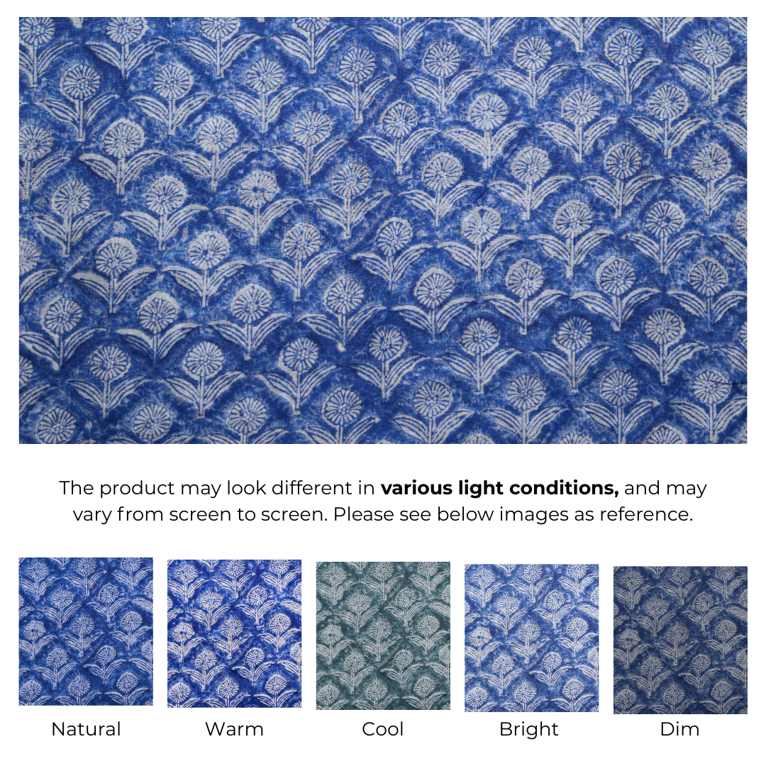 Single-Sided Block Printed Mal Cotton Fabric in Blue Lattice Floral Pattern