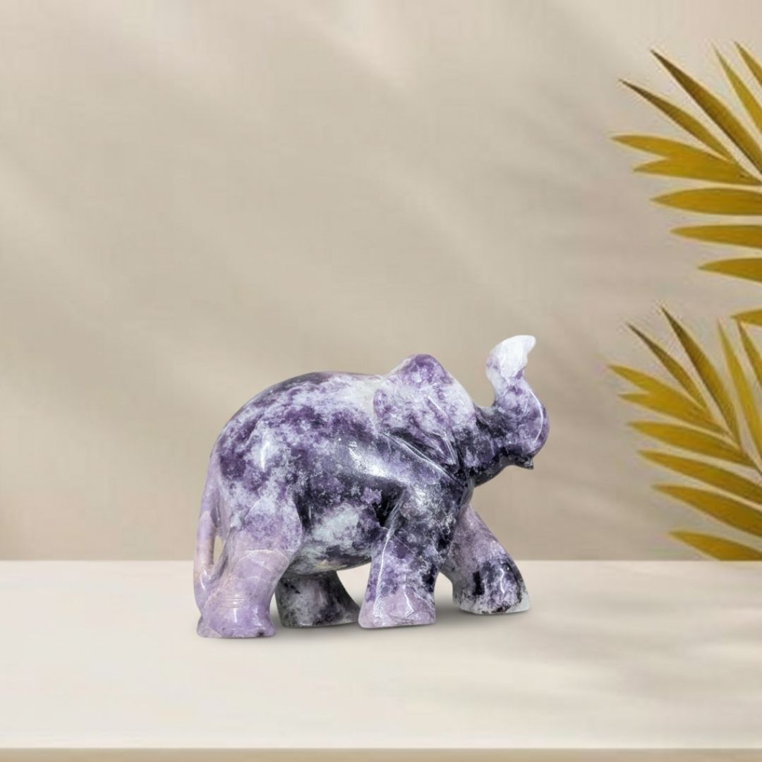 Hand Carved Lepidolite Gemstone Elephant Sculpture for Home Decor and Healing