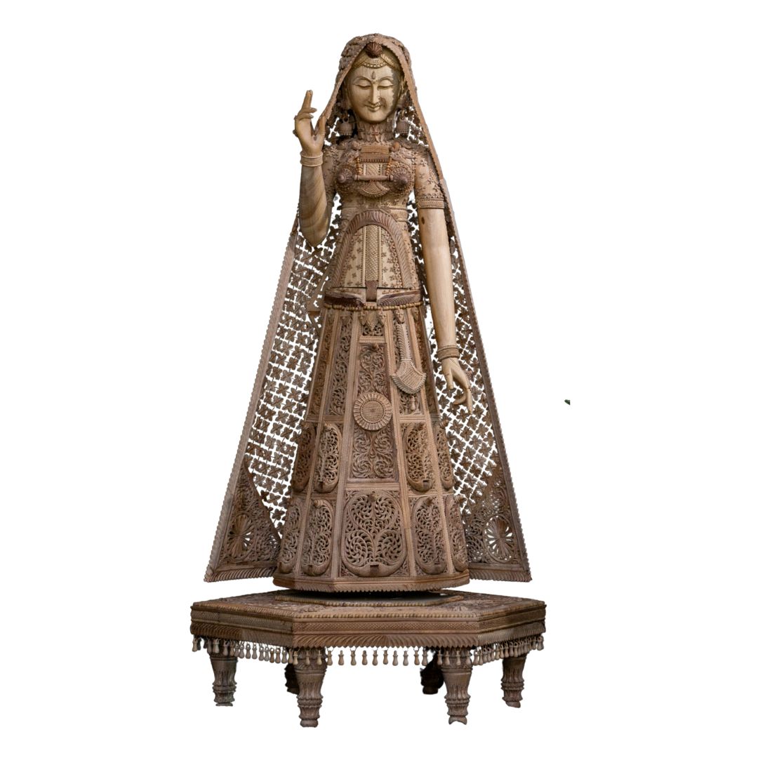 Pure Sandalwood Royal Lady Sculpture with Intricate Shrine Carving
