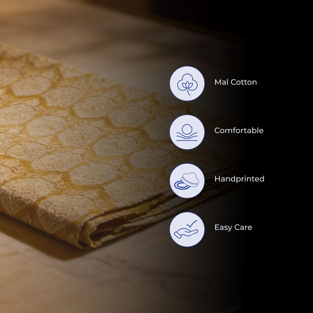 Single-Sided Block Printed Mal Cotton Fabric in Yellow Floral Pattern