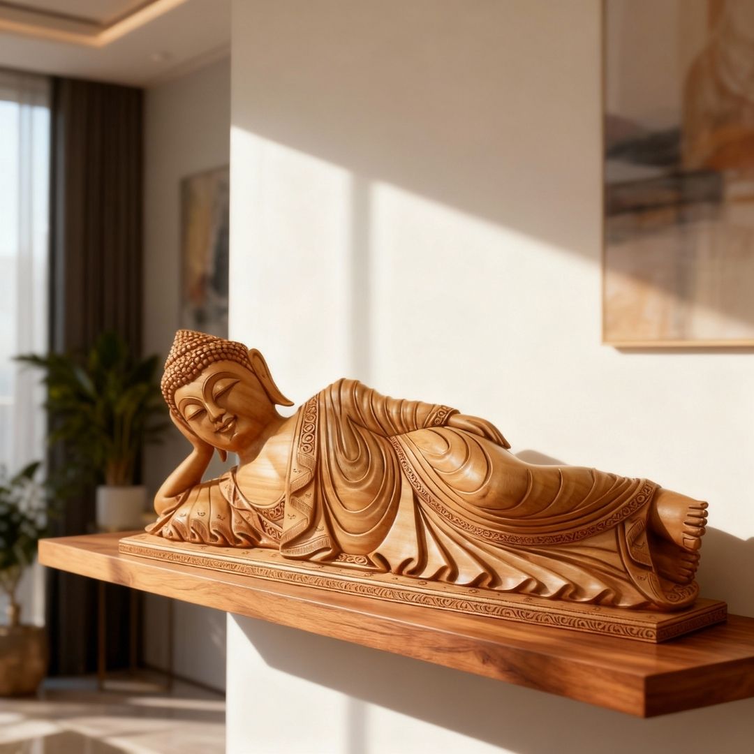 Sleeping Buddha Reclining Sculpture in Sandalwood