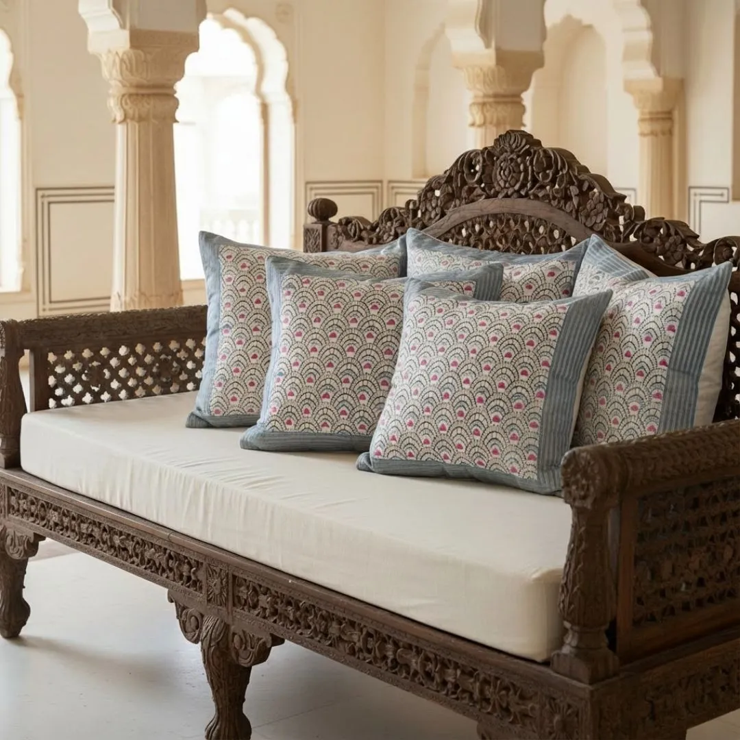 South Cotton Block Printed Cushion Covers with Blue Border Panel (Set of 2)