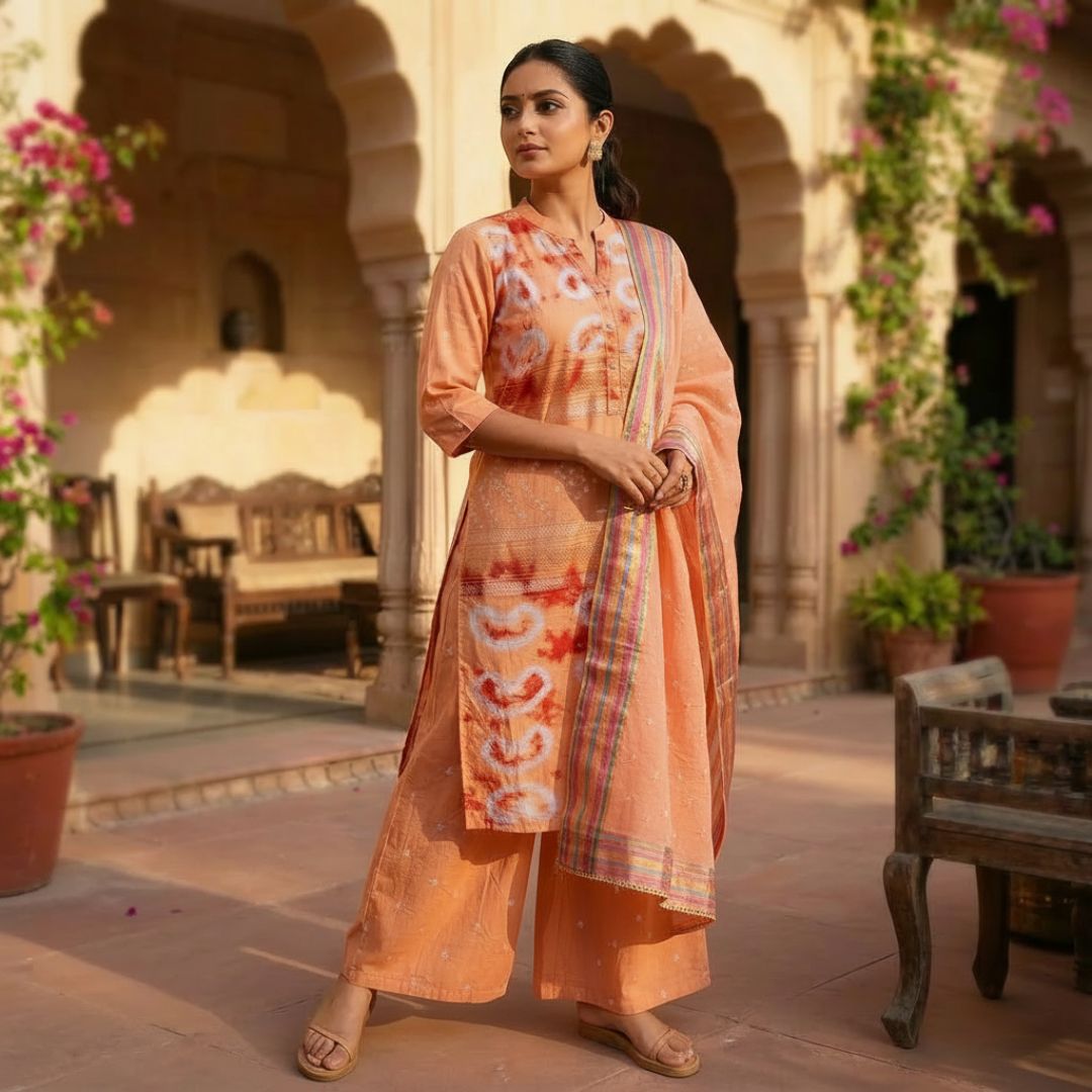 Glace Cotton Jari Patta Tie and Dye Suit Fabric for Cut Top