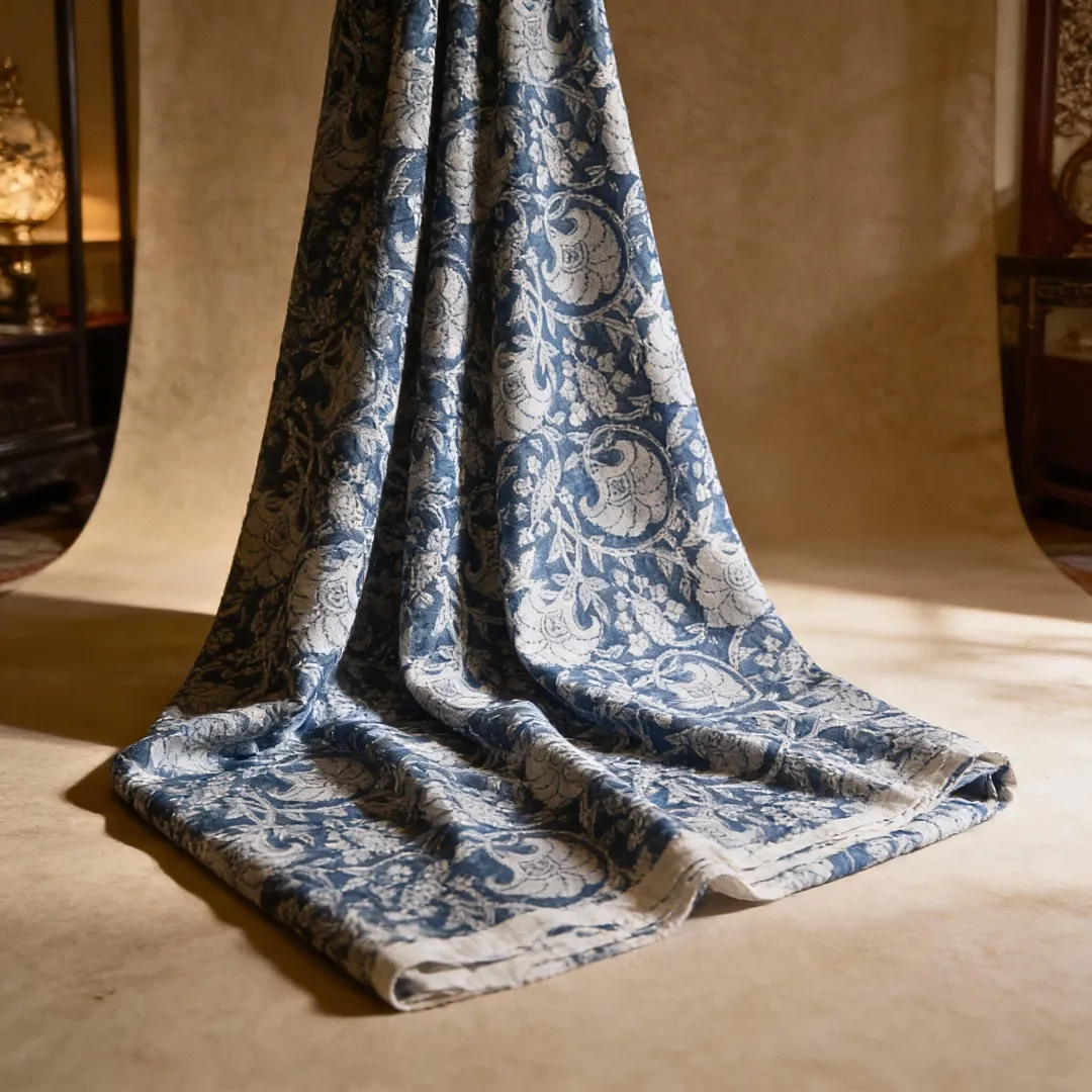 Single-Sided Hand Block Printed Mal Cotton Fabric – Blue Floral | Sold Per Meter