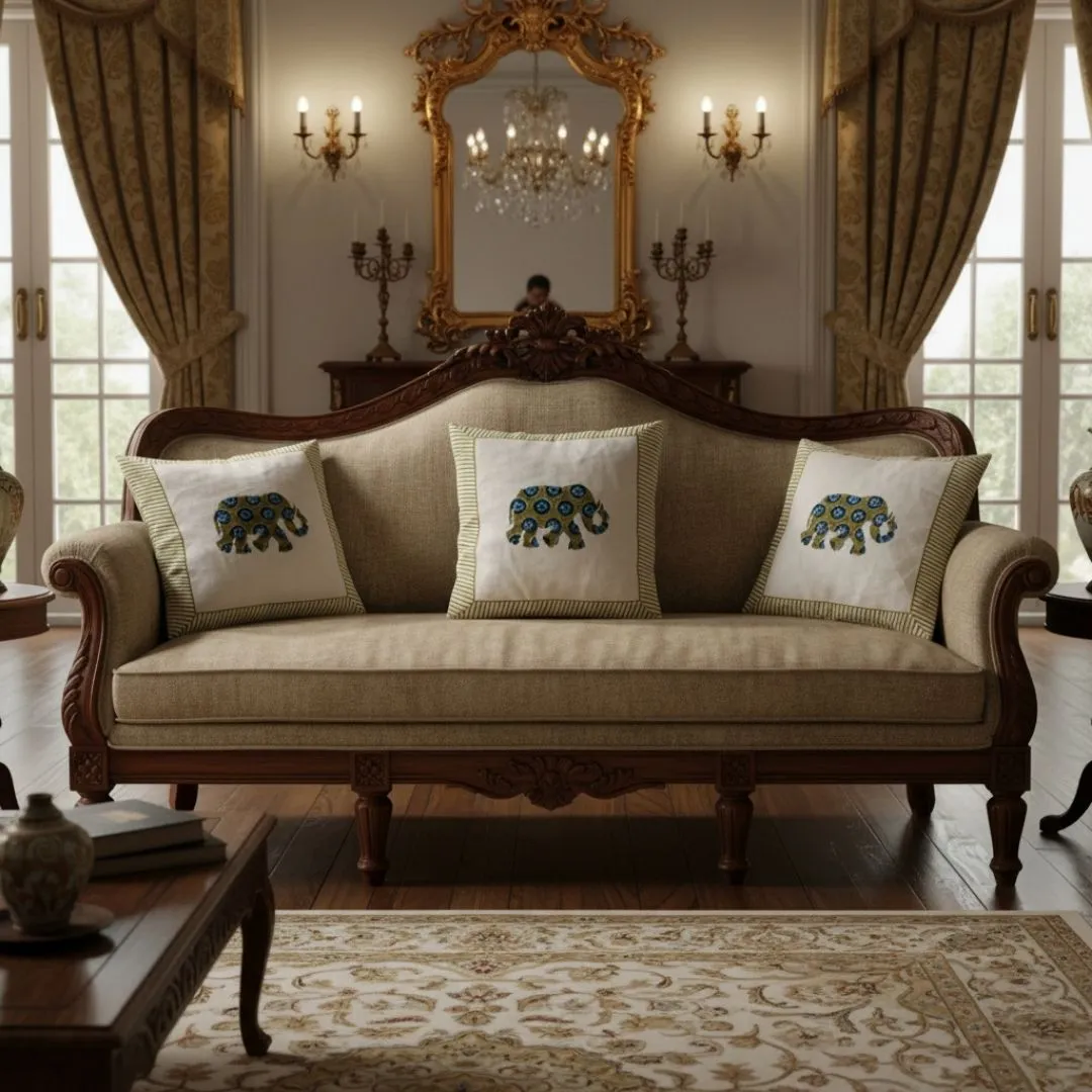 Hand Block Printed Cotton Cushion Covers with Central Elephant Motif (Set of 2)