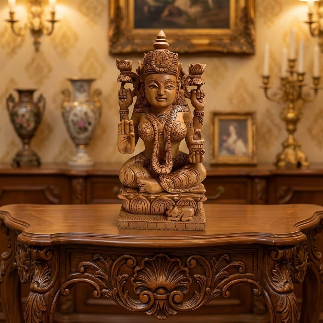 Lakshmi Mata Wooden Sculpture Sitting on Lotus with Kalash and Blessing Mudra
