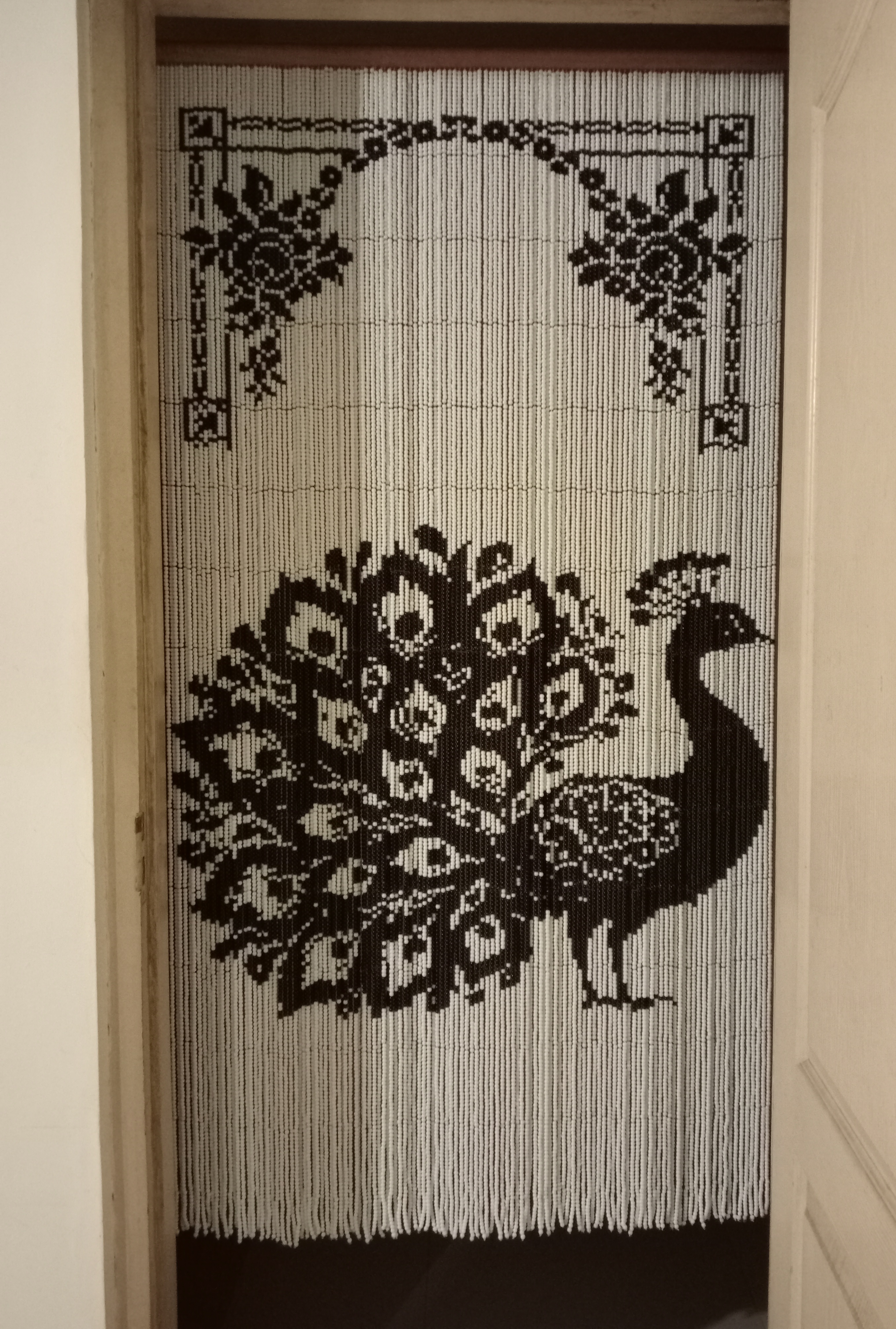 Handcrafted Pixel Glass Bead Curtain - Peacock Design - Featuring 37,700 Black and White Glass Beads