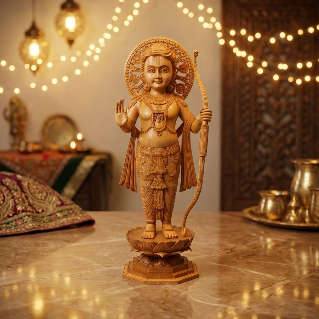 Hand-Carved Lord Rama Statue with Premium Detailing in Natural Wood