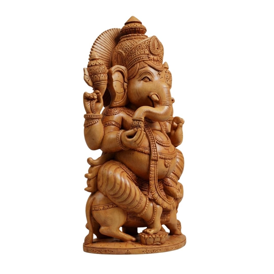 Handcrafted Sandalwood Ganesha Idol in Blessing Pose with Modak and Kalash