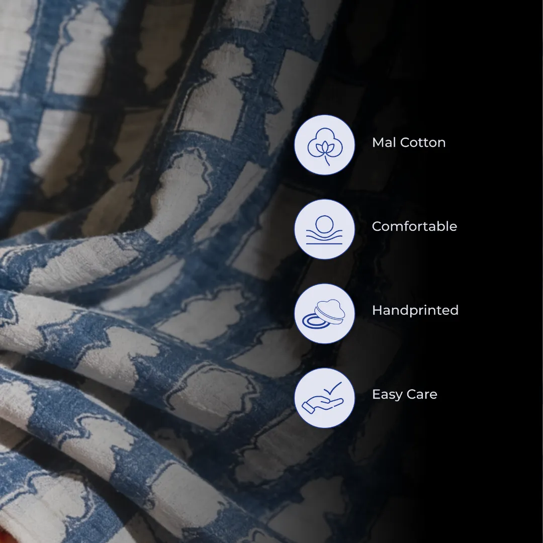 Single-Sided Hand Block Printed Mal Cotton Fabric – Blue Geometric | Sold Per Meter
