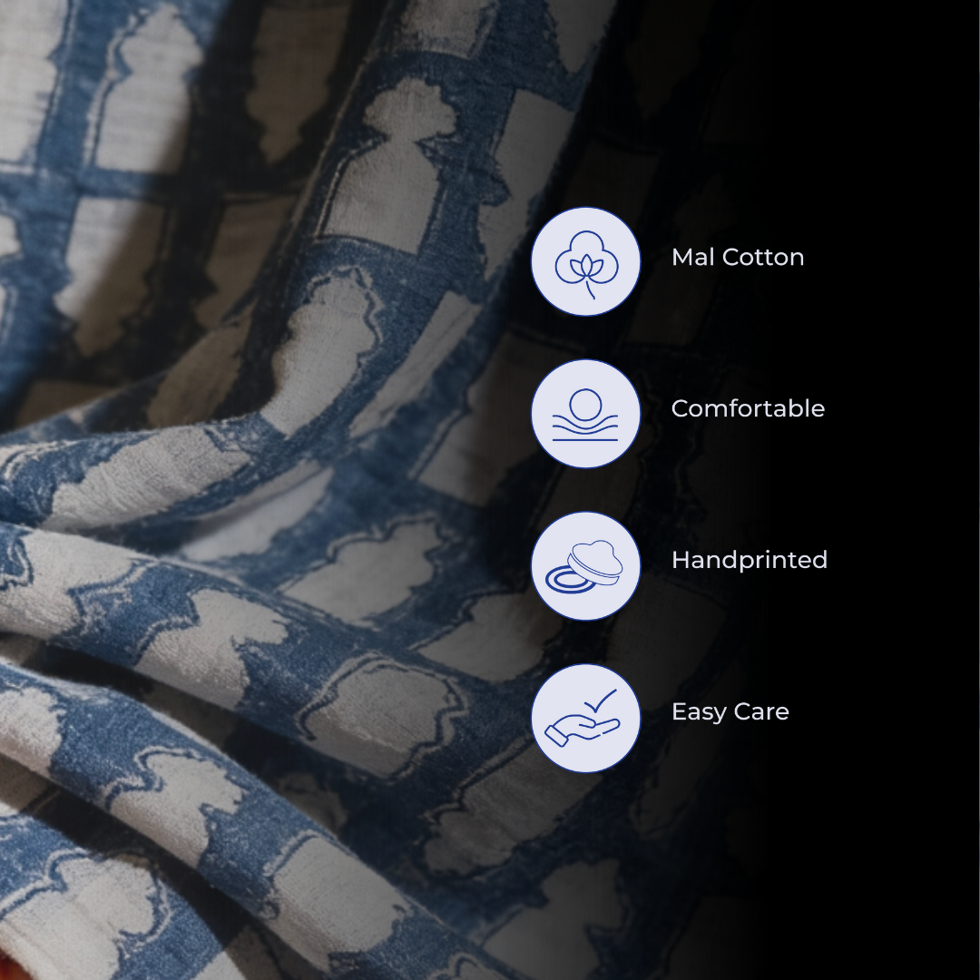 Single-Sided Block Printed Mal Cotton Fabric in Blue Geometric Pattern