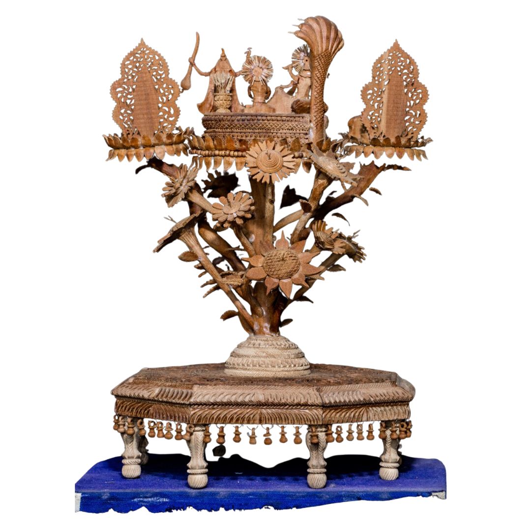 Pure Sandalwood Vishnu Darbar Ensemble with Detailed Temple Carving