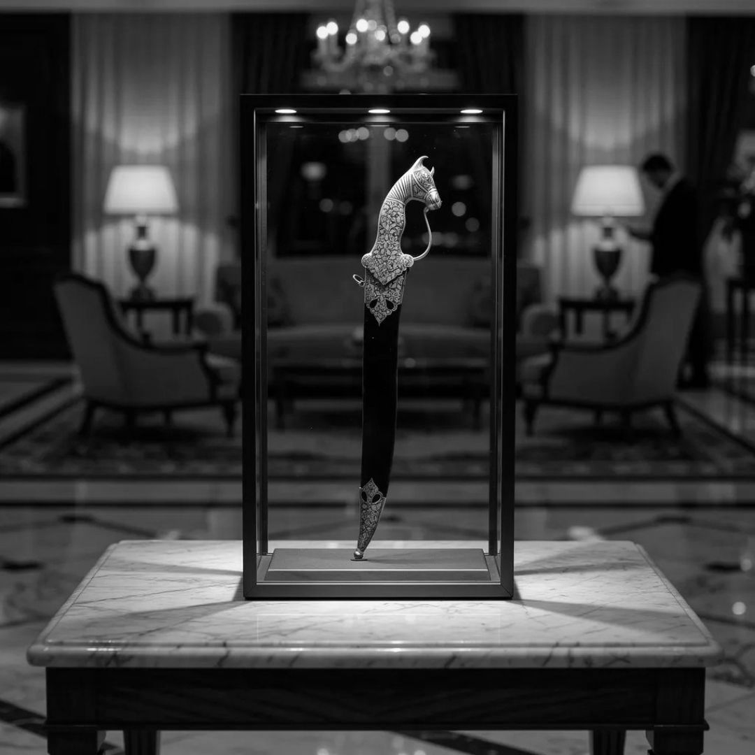 Black Handle Koftgari Dagger with Handcrafted Metal Inlay Detailing