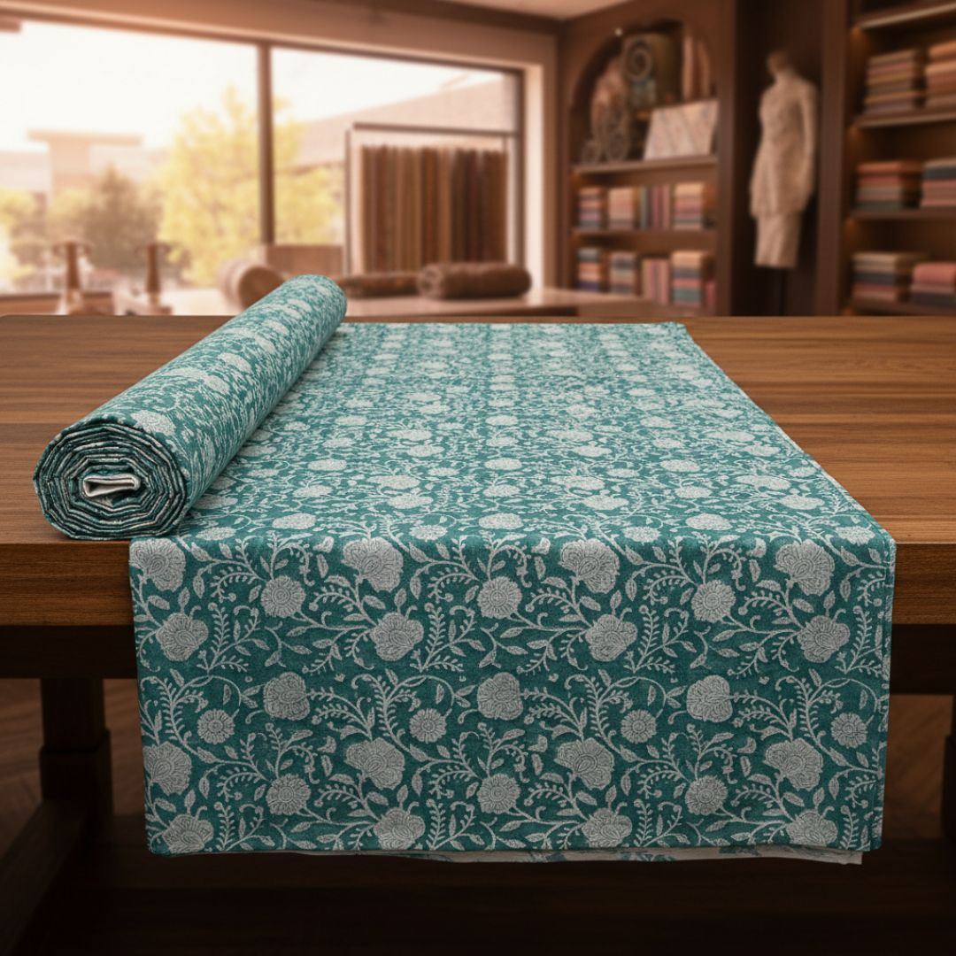 Single-Sided Block Printed Mal Cotton Fabric in Teal Floral Pattern