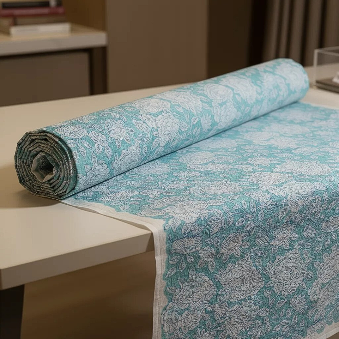 Single-Sided Block Printed Mal Cotton Fabric in Soft Blue Floral Pattern