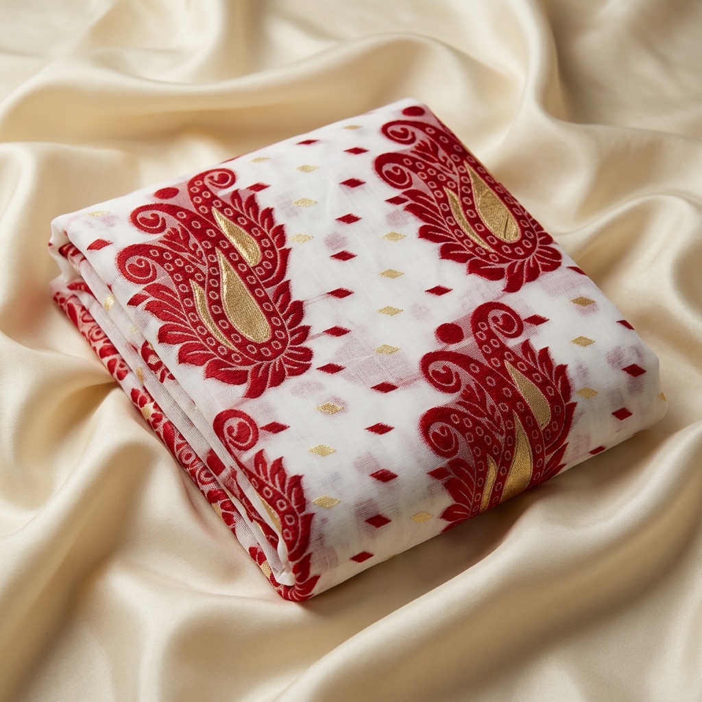 Reshom Dhakai Jamdani Cotton Silk Saree Cream Red Floral