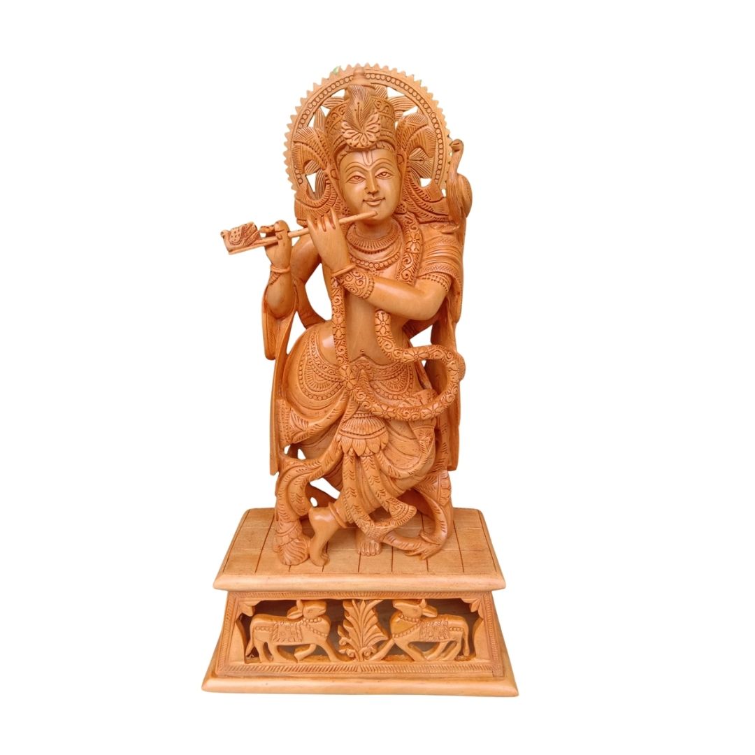 Lord Krishna Wooden Sculpture Standing with Flute Cow and Peacock Base Carving