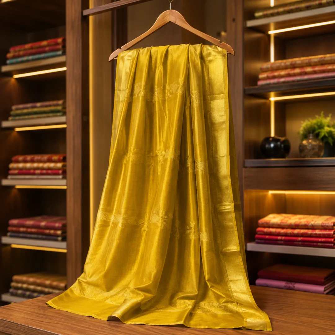 Handcrafted Golden Yellow Bapta Tussar Silk Mangalgiri Saree with Gold Detailing & Blouse Piece 