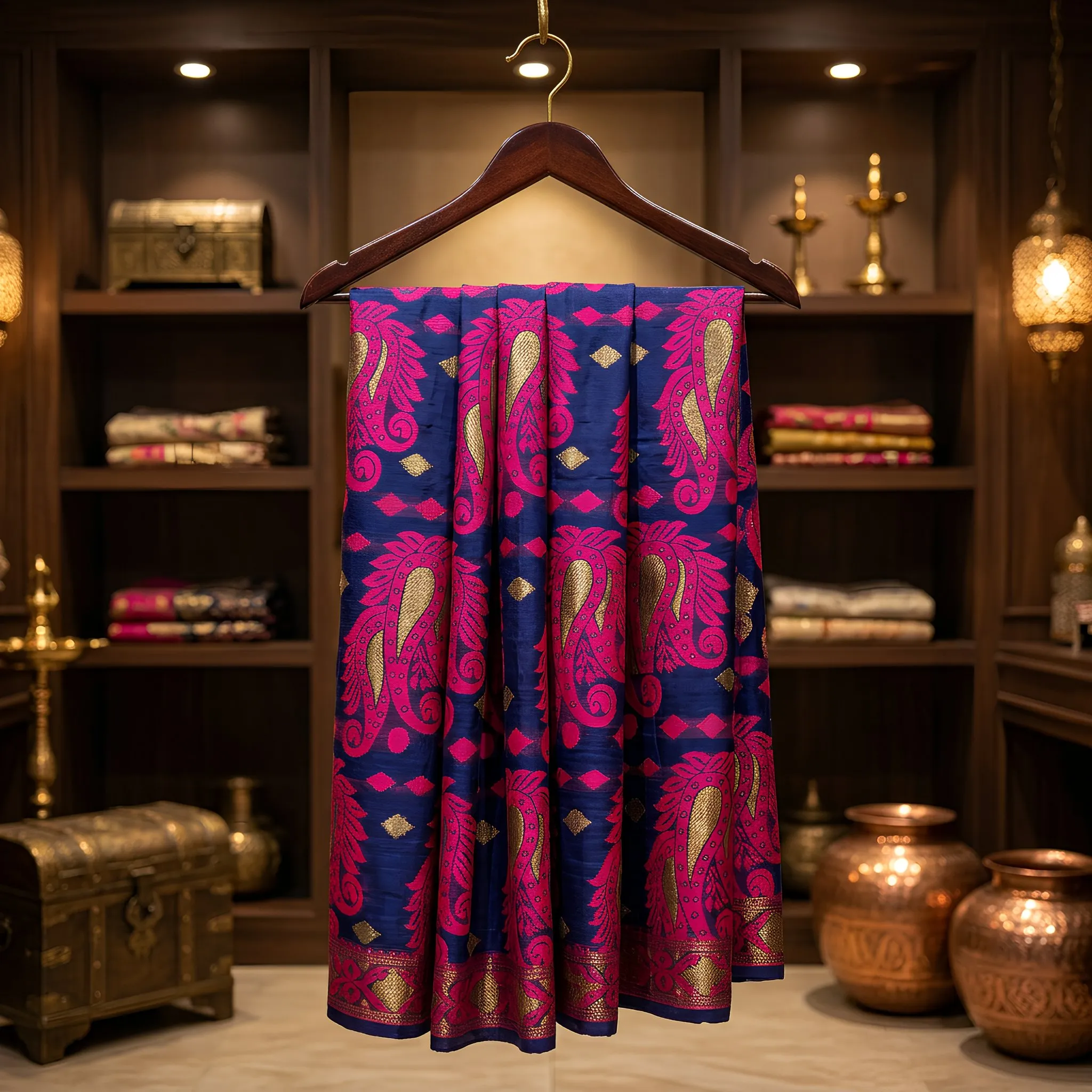 Dhaka Jamdani Cotton Silk Saree Blue Pink Printed