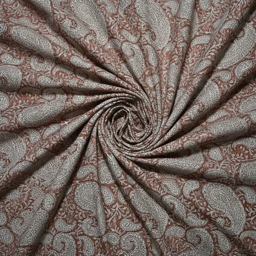 Single-Sided Hand Block Printed Mal Cotton Fabric – Brown Paisley | Sold Per Meter