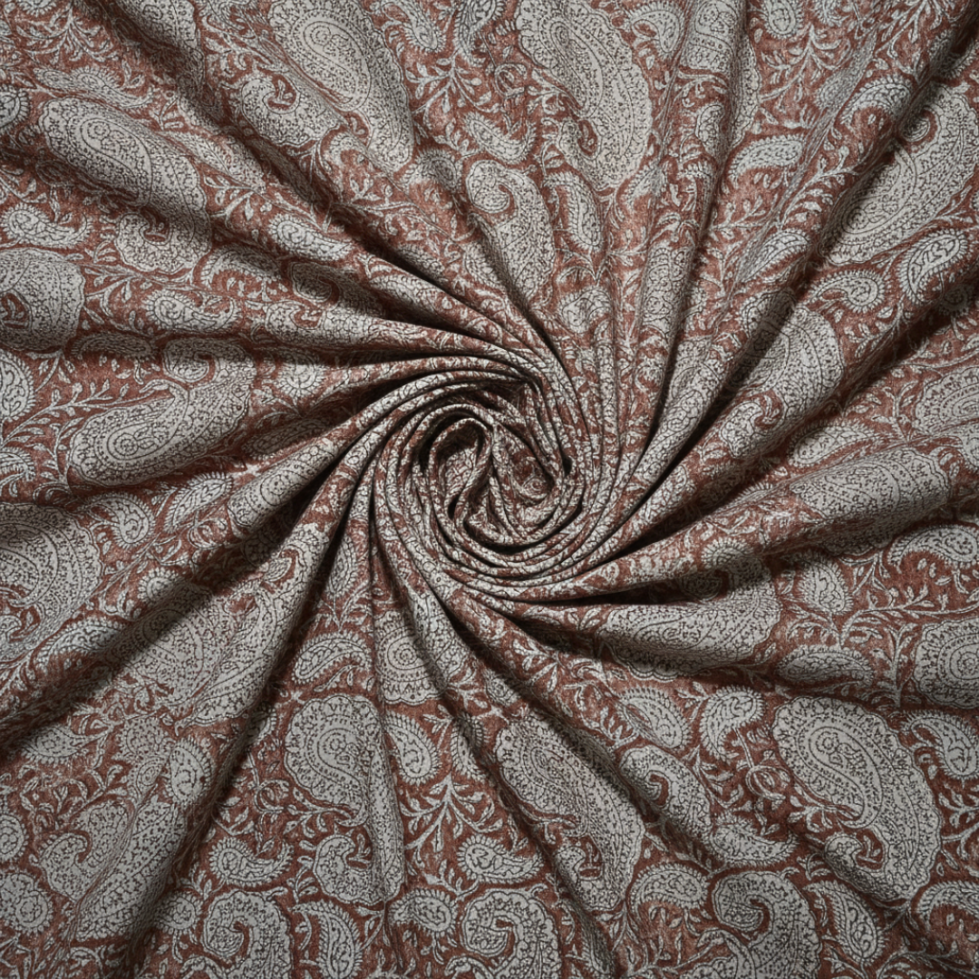 Single-Sided Block Printed Mal Cotton Fabric in Brown Paisley Pattern