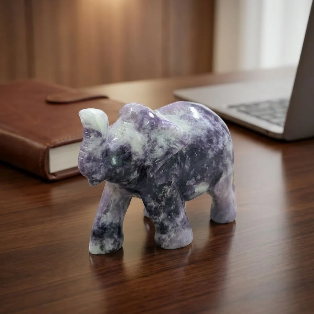 Hand Carved Lepidolite Gemstone Elephant Sculpture for Home Decor and Healing