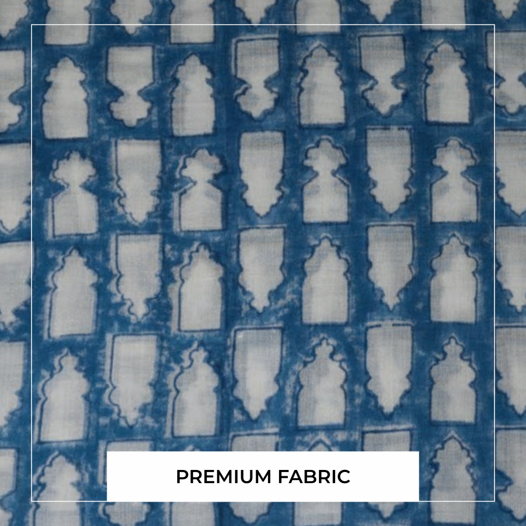 Single-Sided Block Printed Mal Cotton Fabric in Blue Geometric Pattern