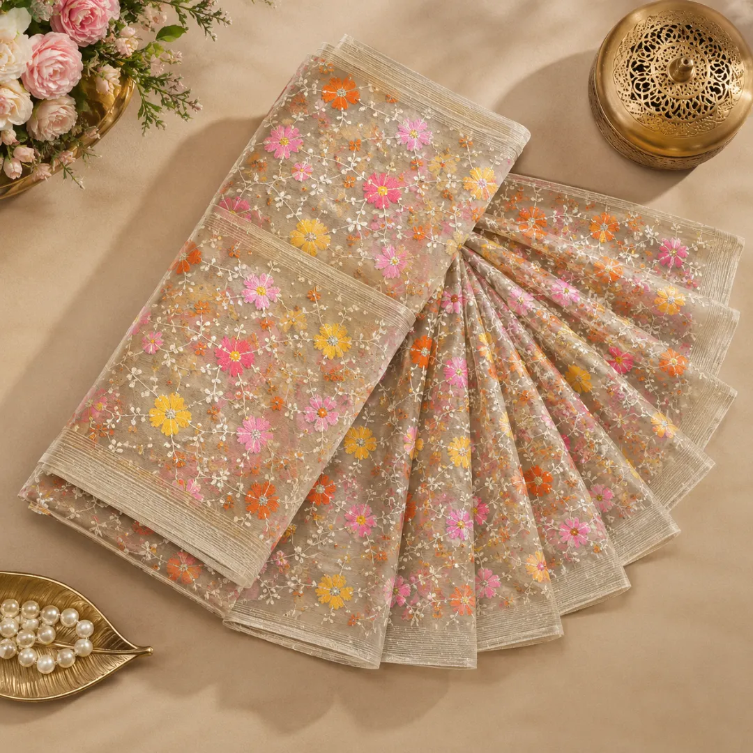 Handcrafted Elegant Resham Kota Embroidered Floral Silk Saree – Cream Base (No Blouse Piece)