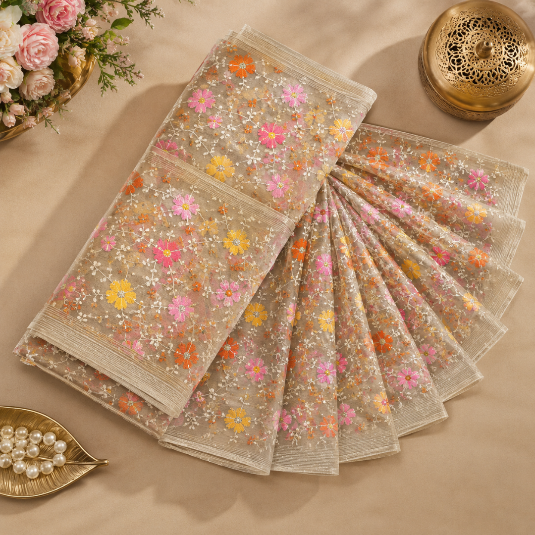 Handcrafted Elegant Resham Kota Embroidered Floral Silk Saree – Cream Base (No Blouse Piece)