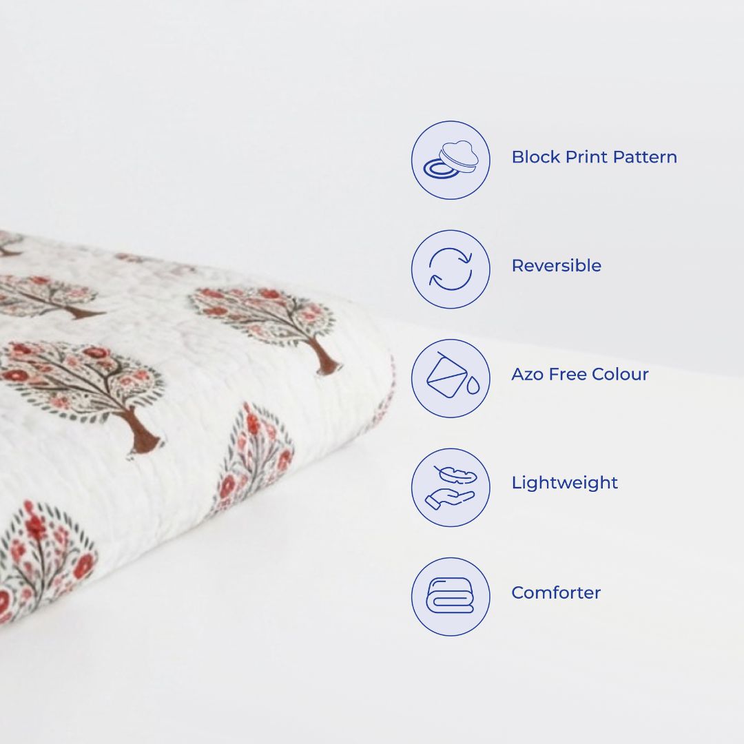 Double Double-Sided Block Printed Cotton Comforter in Grey Floral Pattern