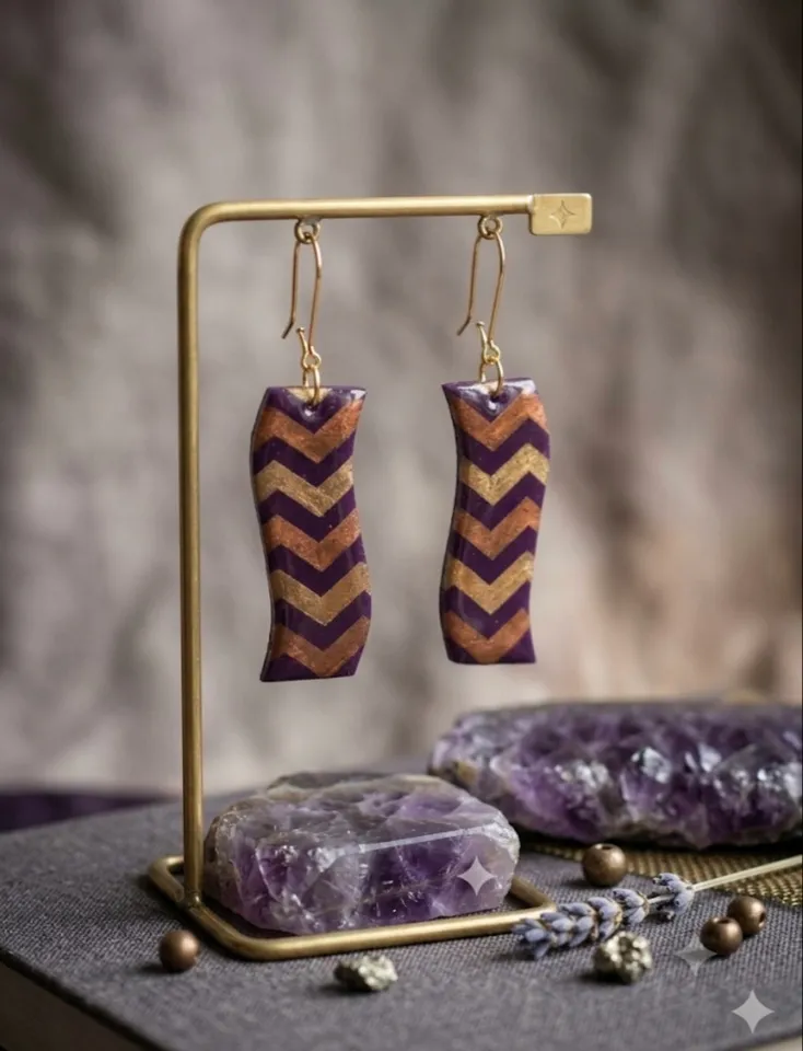 Royal Purple & Metallic Gold Chevron Wave Polymer Clay Dangles