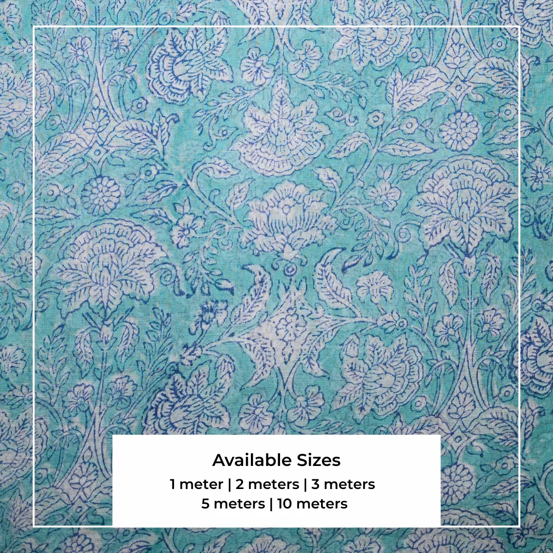Single-Sided Hand Block Printed Mal Cotton Fabric – Teal Floral | Sold Per Meter