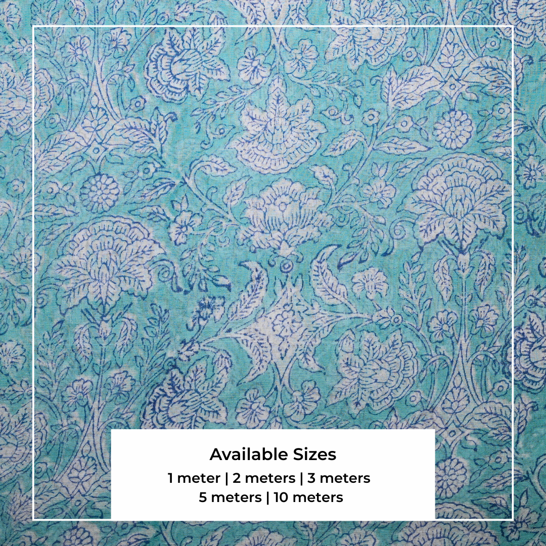 Single-Sided Block Printed Mal Cotton Fabric in Teal Floral Pattern