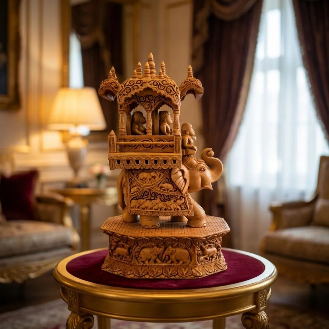 Royal Wooden Elephant Howdah Sculpture in Traditional Maharaja Style