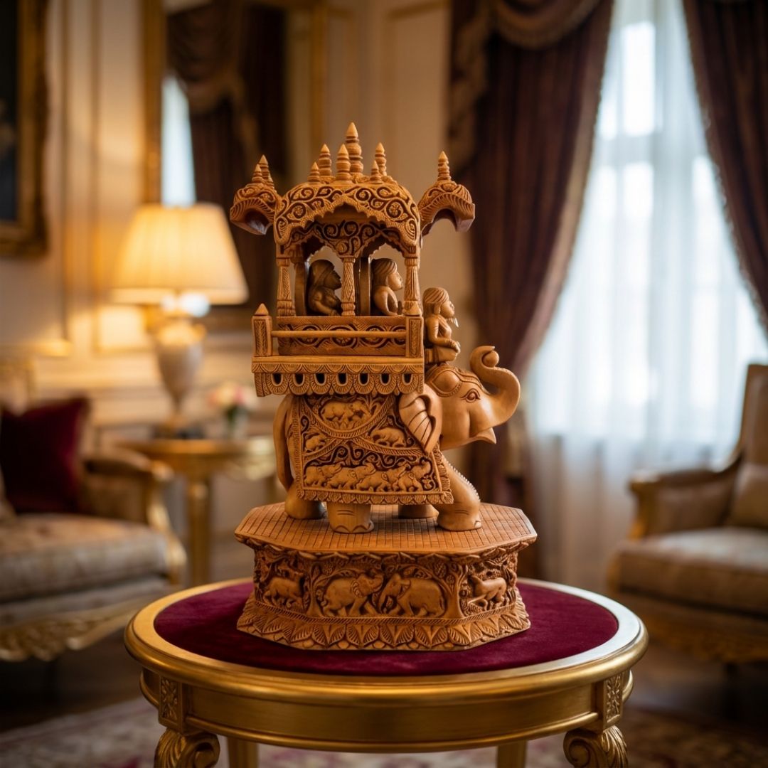 Royal Wooden Elephant Howdah Sculpture in Traditional Maharaja Style