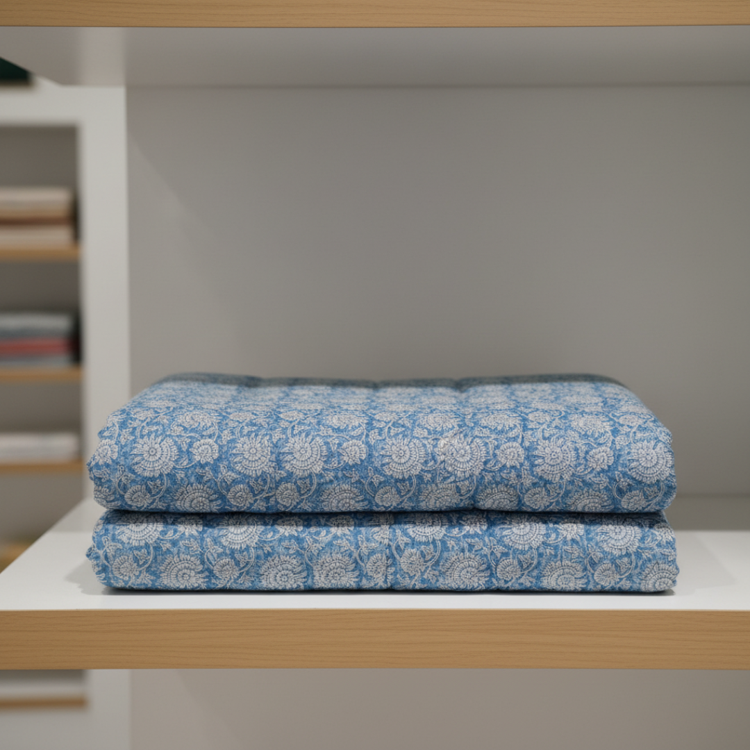 Single-Sided Block Printed Mal Cotton Fabric in Blue Floral Grid Pattern