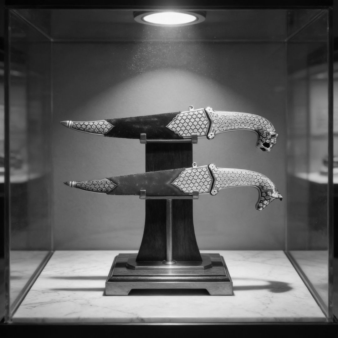 Red Handle Koftgari Decorative Dagger Pair with Fine Traditional Metal Inlay Art