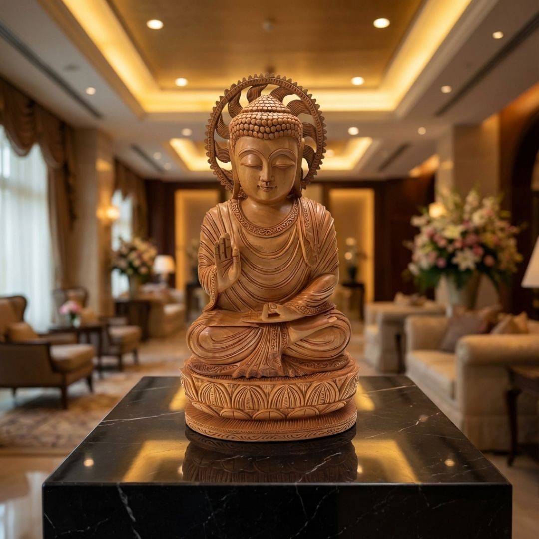 Lord Buddha Meditation Sandalwood Sculpture with Lotus Base Detailing