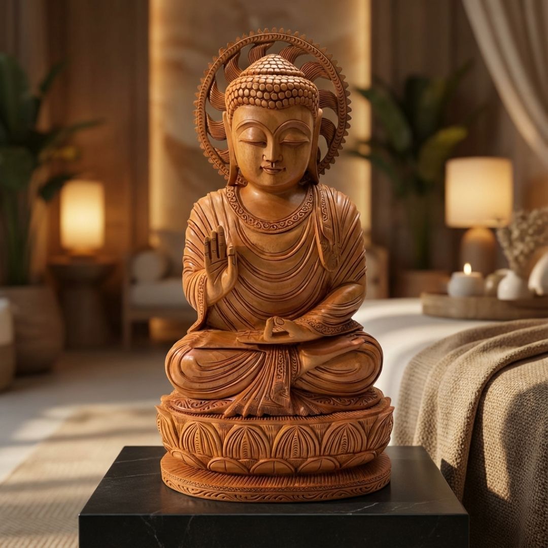 Lord Buddha Meditation Sandalwood Sculpture with Lotus Base Detailing