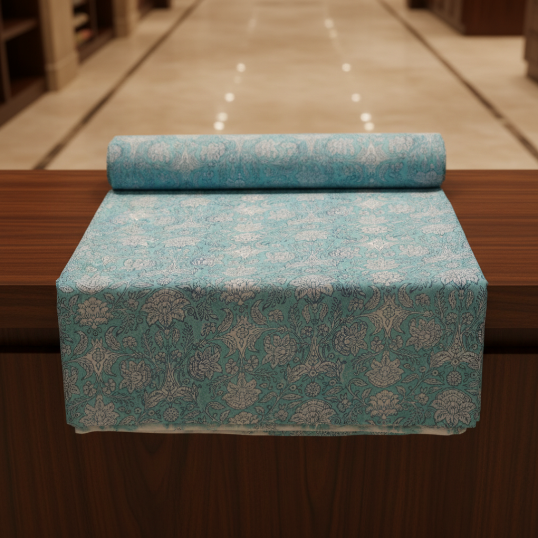 Single-Sided Hand Block Printed Mal Cotton Fabric – Teal Floral | Sold Per Meter