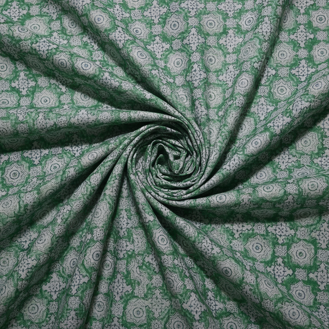 Single-Sided Block Printed Mal Cotton Fabric in Green Floral Motif