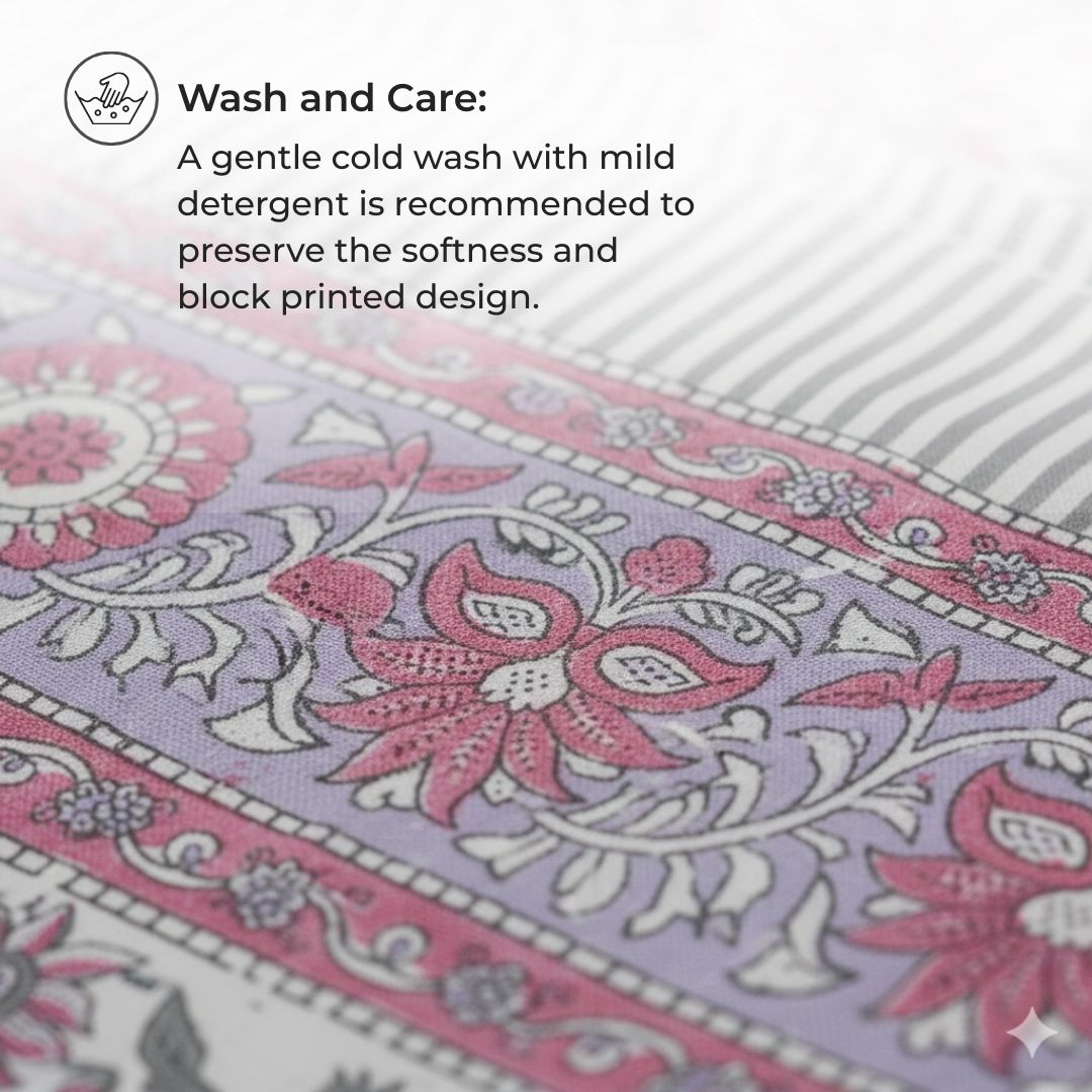 Single-Sided Block Printed Double Bedsheet in Soft Pink All-Over Pattern