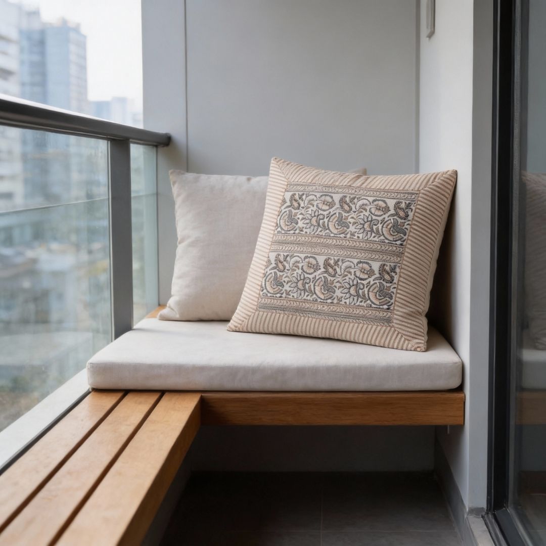Block Printed South Cotton Cushion Cover with Intricate Border Design